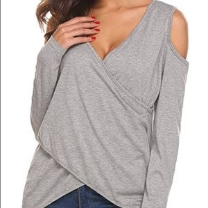 Anthropologie Current Air Gray Wrap Front Cold Shoulder Sweater. SMALL